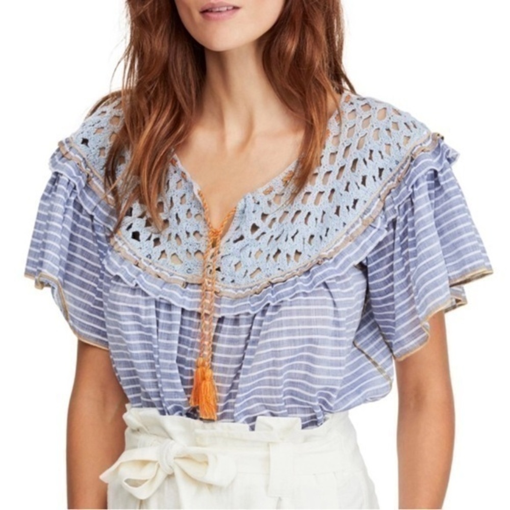Free People Allora Striped Crochet Top in Summer Navy Combo in Size XS